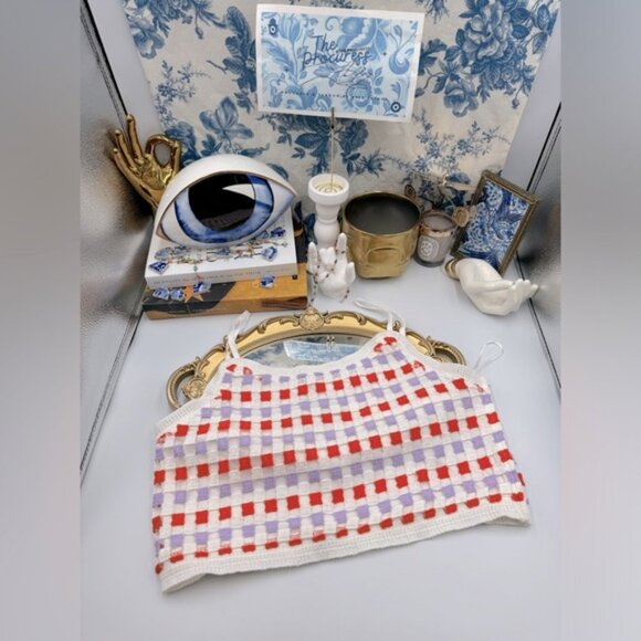 🆕 FARM Rio 🧿 NWOT Patchwork Checkerboard Crochet Crop Top - Sz M - Picture 1 of 13